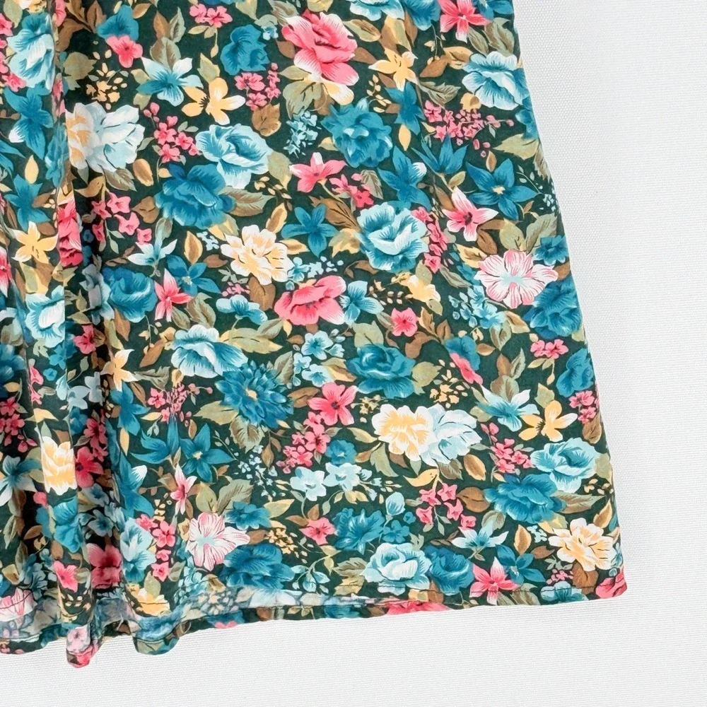 Caroline Wells II Floral Button Front Dress Womens 16 Teal Pink Cottagecore Vtg